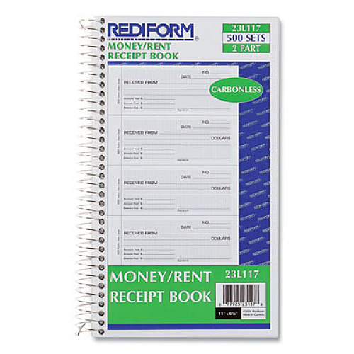Rediform Money and Rent Unnumbered Receipt Book, 5 1/2 x 2 3/4, Two-Part, 500 Sets/Book (23L117)