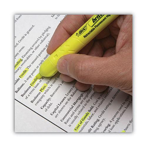 BIC Brite Liner Retractable Highlighter, Fluorescent Yellow Ink, Chisel Tip, Yellow/Black Barrel, Dozen (BLR11YW)