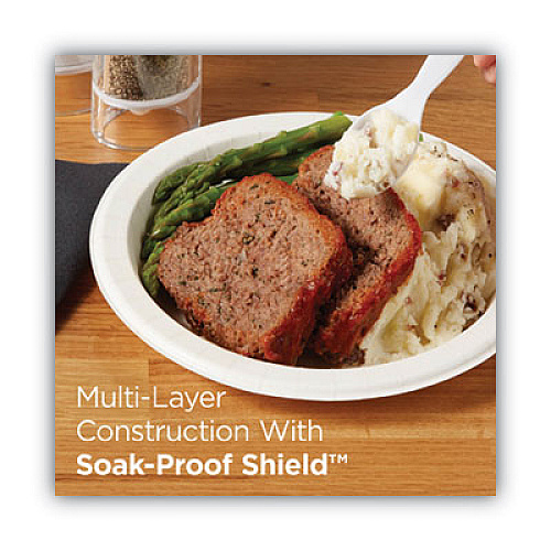Pathways Soak-Proof Shield Mediumweight Paper Plates, 8.5" dia, Green/Burgundy, 1,000/Carton