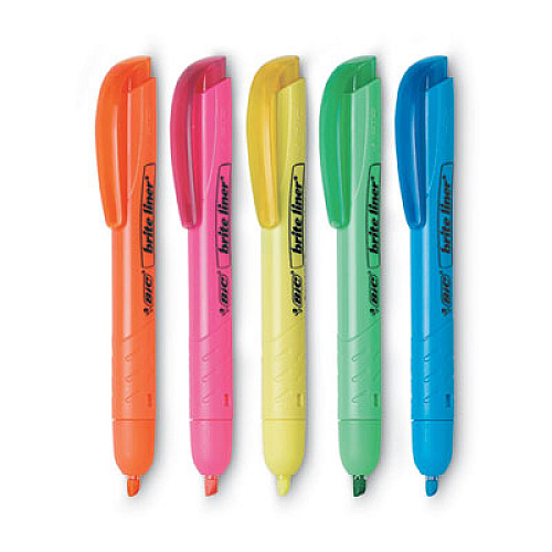 BIC Brite Liner Retractable Highlighter, Assorted Ink Colors, Chisel Tip, Assorted Barrel Colors, 5/Set (BLRP51ASST)