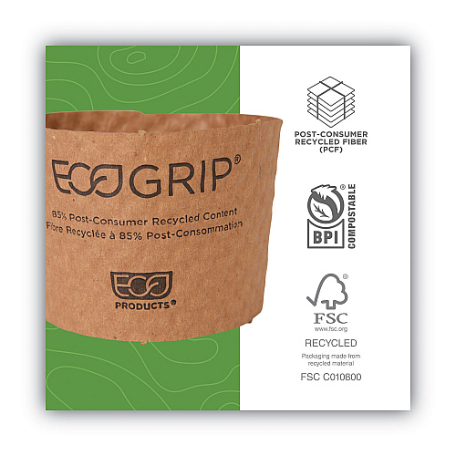 Eco-Products EcoGrip Hot Cup Sleeves - Renewable and Compostable, Fits 12, 16, 20, 24 oz Cups, Kraft, 1,300/Carton (EG2000) - 2 Pack