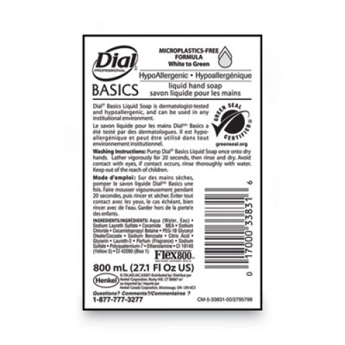 Dial Basics MP Free Liquid Hand Soap, Unscented, 800 mL Bag, 12/Carton