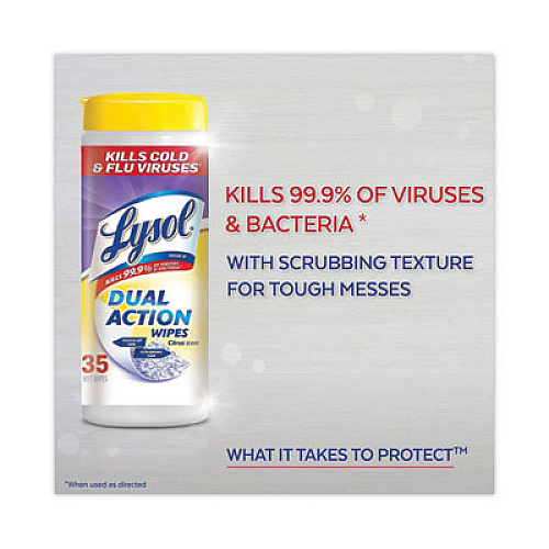 Lysol&reg; Dual Action Disinfecting Wipes, Citrus, 35 Wipes, 12 Canisters For Multi Surface - Citrus Scent - Recommended For: Stain Remover - White/Purple - 35/Tub - 12 / Carton (81143CT)