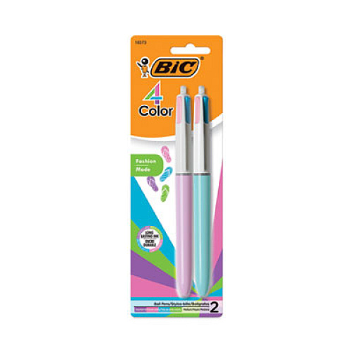 BIC 4-Color Multi-Color Ballpoint Pen, Retractable, Medium 1 mm, Lime/Pink/Purple/Turquoise Ink, Assorted Barrel Colors, 2/Pack (AMP21)