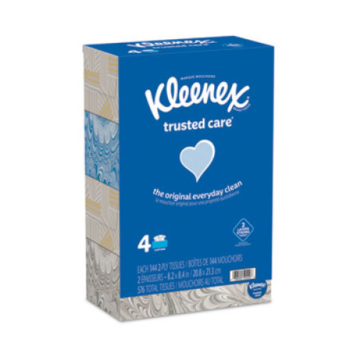 Kleenex Trusted Care Facial Tissue, 2Ply, White, 144 Sheets/Box, 4