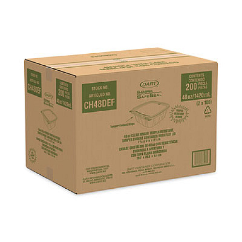 ClearPac SafeSeal Tamper-Resistant/Evident Containers, Flat Lid, 48 oz, 7.8 x 8.1 x 2.5, Clear, Plastic, 100/Bag, 2 Bags/CT