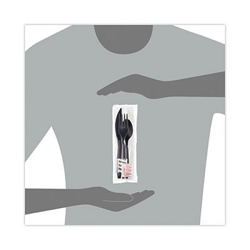 Reliance Mediumweight Cutlery Kit, Knife/Fork/Spoon/Salt/Pepper/Napkin, Black, 250 Kits/Carton