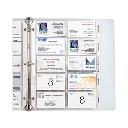 C-Line Tabbed Business Card Binder Pages, For 2 x 3.5 Cards, Clear, 20 Cards/Sheet, 5 Sheets/Pack  (61117)