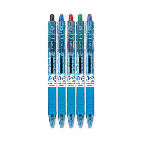 Pilot B2P Bottle-2-Pen Recycled Ballpoint Pen, Retractable, Medium 1 mm, Assorted Ink Colors, Translucent Blue Barrel, 5/Pack (32814)