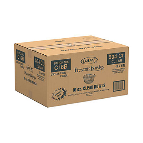 Dart PresentaBowls Clear Bowls, 16 oz, Plastic, 63/Bag, 8 Bags/Carton, 504 Bowls/Carton (C16B)