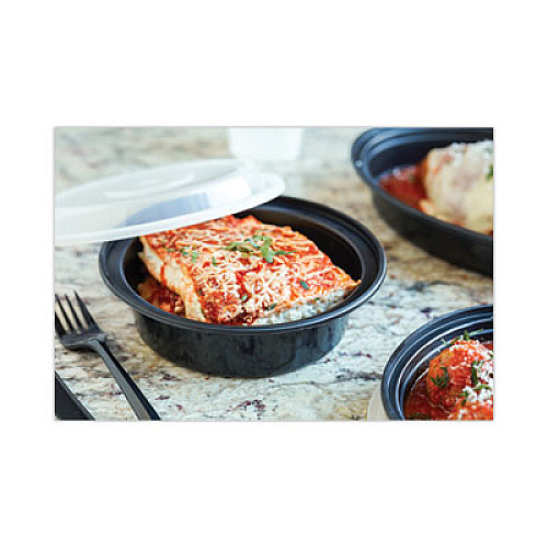 Pactiv Newspring VERSAtainer Microwavable Containers, Vented Lid, 48 oz, 9" Diameter, Black/Clear, Plastic, 150/Carton (NC948B)