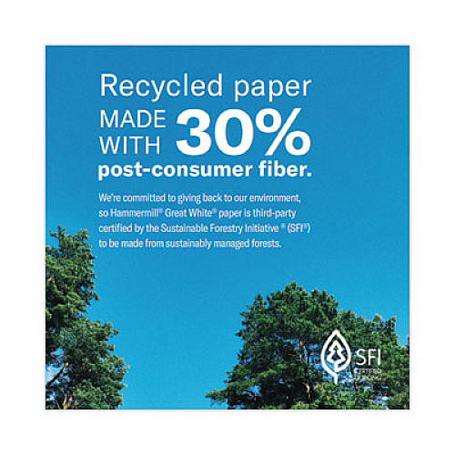 Hammermill Great White 30 Recycled Print Paper, 92 Bright, 3Hole, 20 lb Bond Weight, 8.5 x 11, White, 500 Sheets/Ream, 10 Reams/Carton 92 Brightness - Letter - 8 1/2" x 11" - 20 lb Basis Weight - Acid-free, Moisture Resistant, Pre-punched, Archiva (86702)