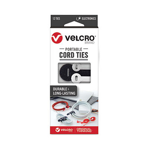 Velcro Portable Cord Ties, (4) 3" x 0.25"/ (4) 5" x 0.38"/ (4) 7" x 0.5", Black/Gray/White, 12/Pack Cable Tie - Multi - 12 / Pack (30816)