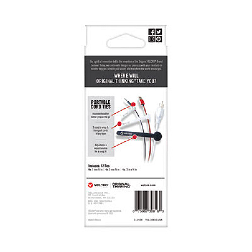 Velcro Portable Cord Ties, (4) 3" x 0.25"/ (4) 5" x 0.38"/ (4) 7" x 0.5", Black/Gray/White, 12/Pack Cable Tie - Multi - 12 / Pack (30816)