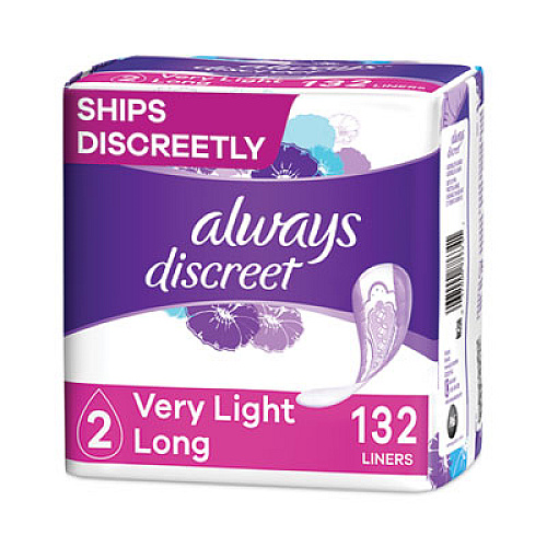 Discreet Incontinence Liners, Very Light Absorbency, Long, 44/Pack, 3 Packs/Carton