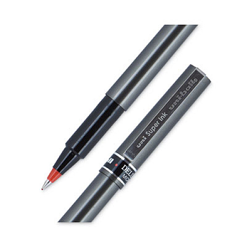 uni-ball Deluxe Roller Ball Pen, Stick, Extra-Fine 0.5 mm, Red Ink, Metallic Gray/Black/Red Barrel, Dozen (60026)