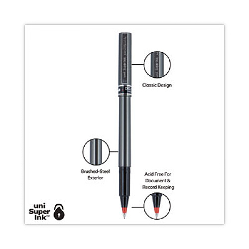 uni-ball Deluxe Roller Ball Pen, Stick, Extra-Fine 0.5 mm, Red Ink, Metallic Gray/Black/Red Barrel, Dozen (60026)