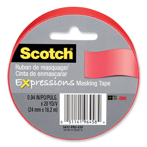 Scotch Expressions Masking Tape, 3" Core, 0.94" x 20 yds, Primary Red (3437PRD)