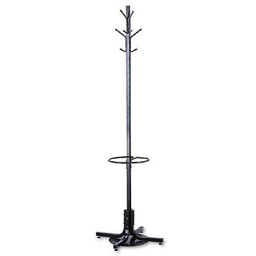 Metal Costumer with Umbrella Holder, Four Ball-Tipped Double-Hooks, 21w x 21d x 70h, Black