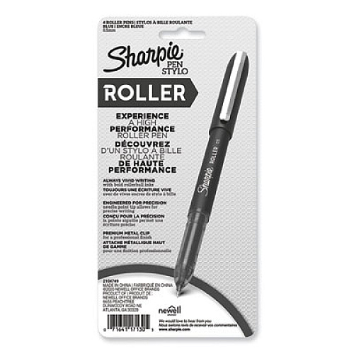 Sharpie Professional Design Roller Ball Pen, Stick, Fine 0.5 mm, Blue Ink, Black/Blue Barrel, 4/Pack (2093197)