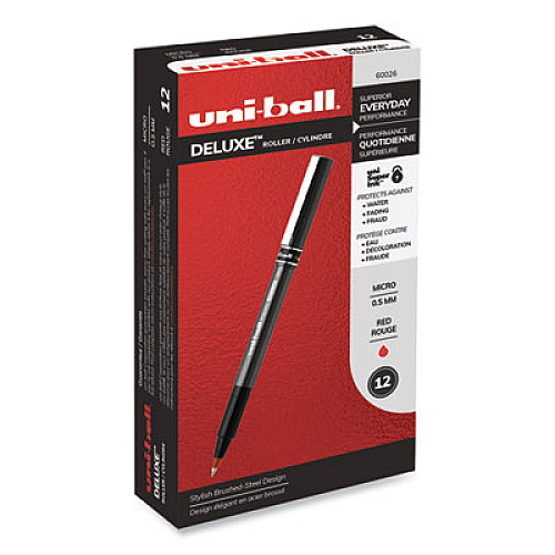 uni-ball Deluxe Roller Ball Pen, Stick, Extra-Fine 0.5 mm, Red Ink, Metallic Gray/Black/Red Barrel, Dozen (60026)