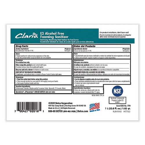 Betco Clario E3 Alcohol Free Foaming Hand Sanitizer, 1,000 mL Bag, Fragrance-Free, 6/Carton (7792900)