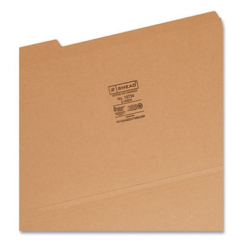Smead Heavyweight Kraft File Folder, 1/3-Cut Tabs: Assorted, Legal Size, 0.75" Expansion, 11-pt Kraft, Brown, 100/Box 8 1/2" x 14" - 3/4" Expansion - Assorted Tab Position - 11 pt. - 2 Plys - Kraft - Reinforced - 10% Recycled - 100 / Box (15734)