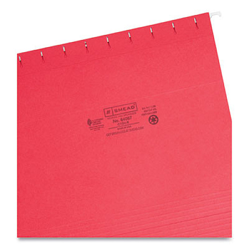 Smead Colored Hanging File Folders with 1/5 Cut Tabs, Letter Size, 1/5-Cut Tabs, Red, 25/Box 8 1/2" x 11" - Top Tab Location - Assorted Tab Position - 11 pt. - Vinyl - Red - 10% Recycled - 25 / Box (64067)