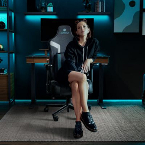 Eureka Python II Ergonomic Chair, Supports up to 300 lb, 18.88" to 22.83" Seat Height, Black Fabric Seat, Black/Blue Fabric Back (GC08BU)