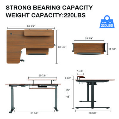 Eureka L-Shaped Standing Desk with Keyboard Tray, Left Desk, 61.25" x 43.25" x 34.38" to 52.88", Walnut/Black (L60LWN)