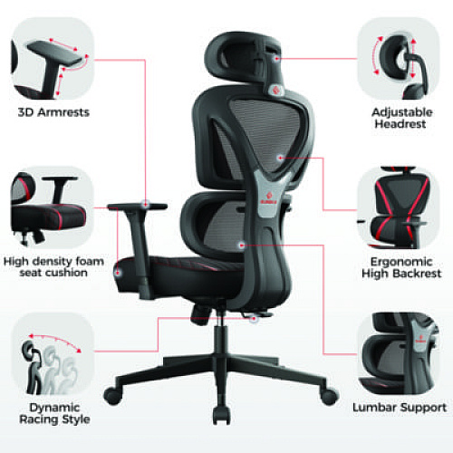 Eureka Norn Ergonomic Chair, Supports Up to 275 lb, 18.11" to 22.04" Seat Height, Black/Red Mesh Seat/Back, Black Base (GC06R)