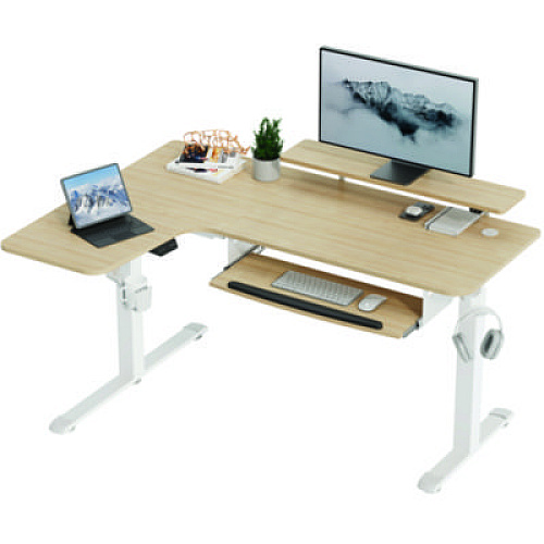 Eureka L-Shaped Standing Desk with Keyboard Tray, Left Desk, 61.25" x 43.25" x 34.38" to 52.88", Maple White/White (L60LMW)