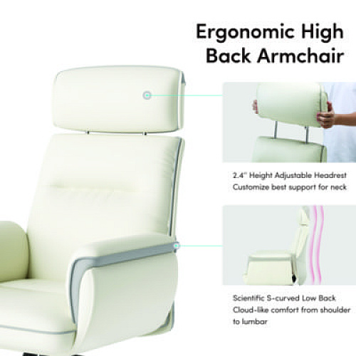 Eureka Royal Executive Office Chair, Support up to 300 lb, 19.46"-22.26" Seat Height, White PU Leather Seat, White Faux Leather Back (OC003OW)
