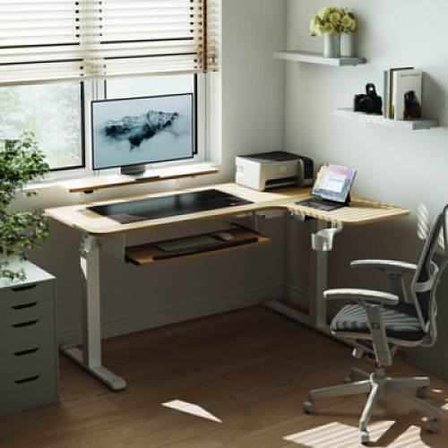 Eureka L-Shaped Standing Desk with Keyboard Tray, Right Desk, 61.25" x 43.25" x 34.38" to 52.88", Maple White/White (L60RMW)