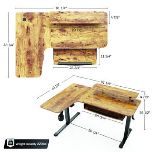 Eureka L-Shaped Standing Desk with Keyboard Tray, Left Desk, 61.25" x 43.25" x 34.38" to 52.88", Rustic Brown/Black (L60LRB)