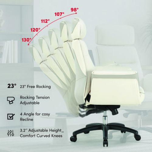 Eureka Royal Executive Office Chair, Support up to 300 lb, 19.46"-22.26" Seat Height, White PU Leather Seat, White Faux Leather Back (OC003OW)