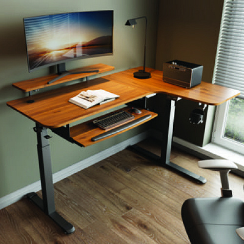 Eureka L-Shaped Standing Desk with Keyboard Tray, Right Desk, 61.25" x 43.25" x 34.38" to 52.88", Walnut/Black (L60RWN)