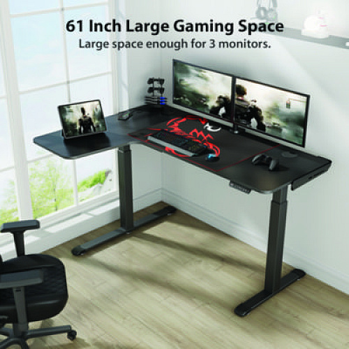 Eureka L-Shaped Standing Desk, Left Desk, 60" x 43.69" x 29.88" to 48.38", Black (01874)