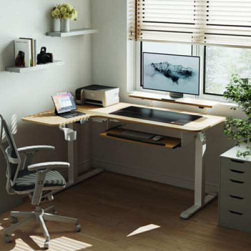 Eureka L-Shaped Standing Desk with Keyboard Tray, Left Desk, 61.25" x 43.25" x 34.38" to 52.88", Maple White/White (L60LMW)