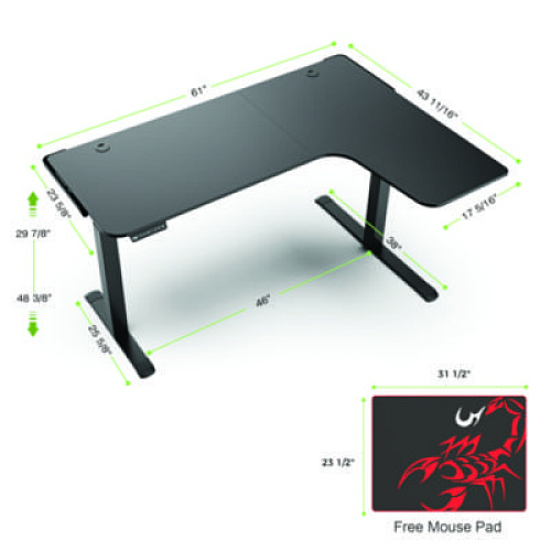 Eureka L-Shaped Standing Desk, Right Desk, 60" x 43.69" x 29.88" to 48.38", Black (01875)