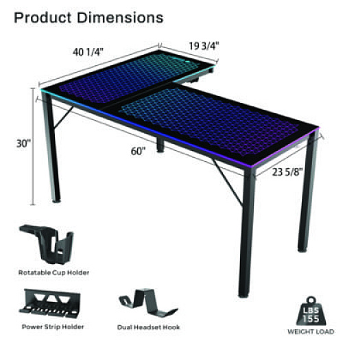 Eureka RGB LED Lights Glass Gaming Desk, 60" x 40.25" x 30", Black (L60RB)