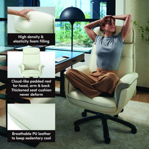 Eureka Royal Executive Office Chair, Support up to 300 lb, 19.46"-22.26" Seat Height, White PU Leather Seat, White Faux Leather Back (OC003OW)
