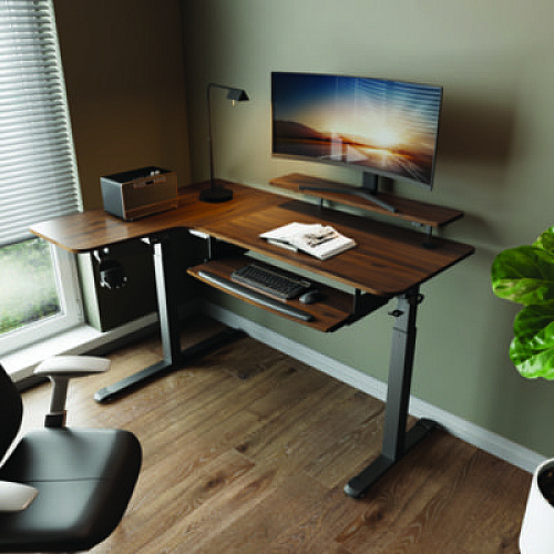 Eureka L-Shaped Standing Desk with Keyboard Tray, Left Desk, 61.25" x 43.25" x 34.38" to 52.88", Walnut/Black (L60LWN)