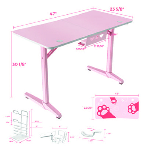 Eureka Cute Gaming Desk, 47" x 23.63" x 30.13", Pink (GD0100)