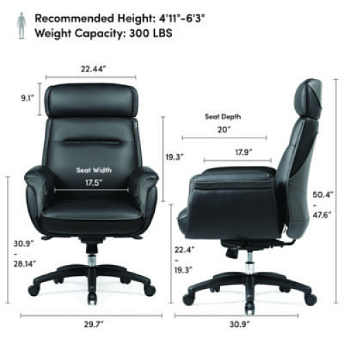 Eureka Royal Executive Office Chair, Support up to 300 lb, 19.46"-22.26" Seat Height, Black PU Leather Seat, Black Faux Leather Back (OC003B)