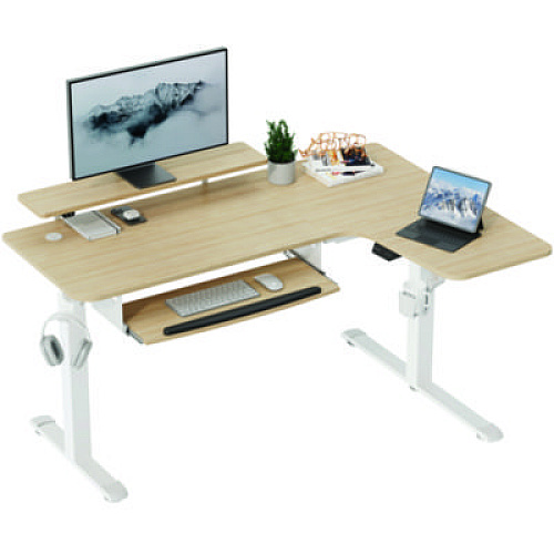 Eureka L-Shaped Standing Desk with Keyboard Tray, Right Desk, 61.25" x 43.25" x 34.38" to 52.88", Maple White/White (L60RMW)