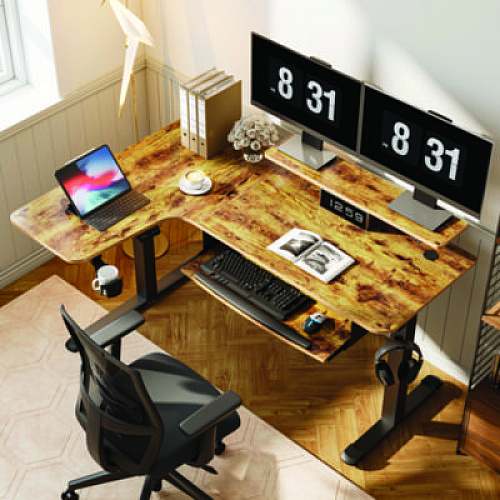Eureka L-Shaped Standing Desk with Keyboard Tray, Left Desk, 61.25" x 43.25" x 34.38" to 52.88", Rustic Brown/Black (L60LRB)