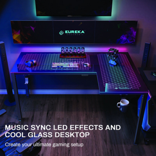 Eureka RGB LED Lights Glass Gaming Desk, 60" x 40.25" x 30", Black (L60RB)