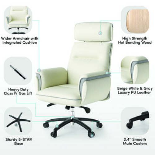 Eureka Royal Executive Office Chair, Support up to 300 lb, 19.46"-22.26" Seat Height, White PU Leather Seat, White Faux Leather Back (OC003OW)