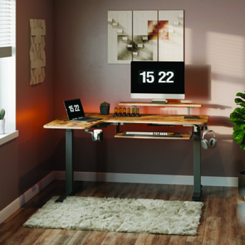 Eureka L-Shaped Standing Desk with Keyboard Tray, Left Desk, 61.25" x 43.25" x 34.38" to 52.88", Rustic Brown/Black (L60LRB)